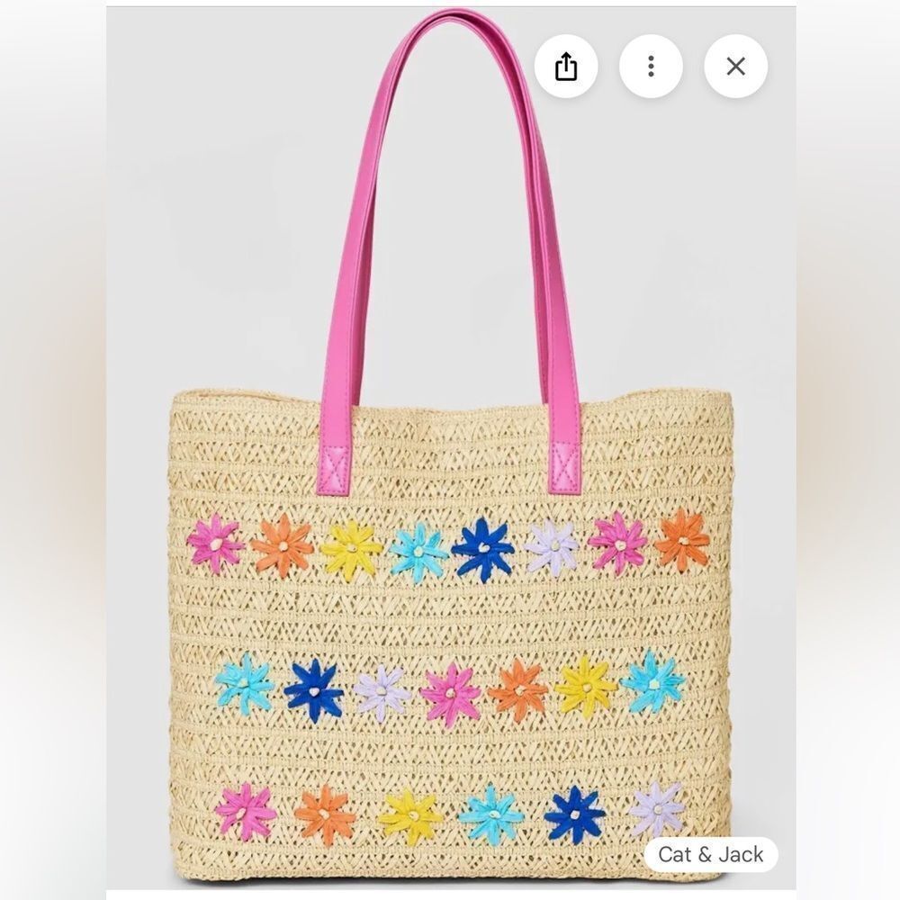 Cat & Jack Paper Straw Flower Embroidery Tote Bag